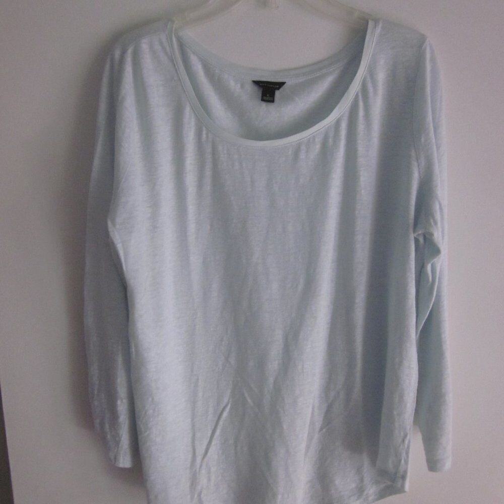 Ann Taylor Women Tee Linen L Green Pale Slightly Sheer Summer Curved Hem